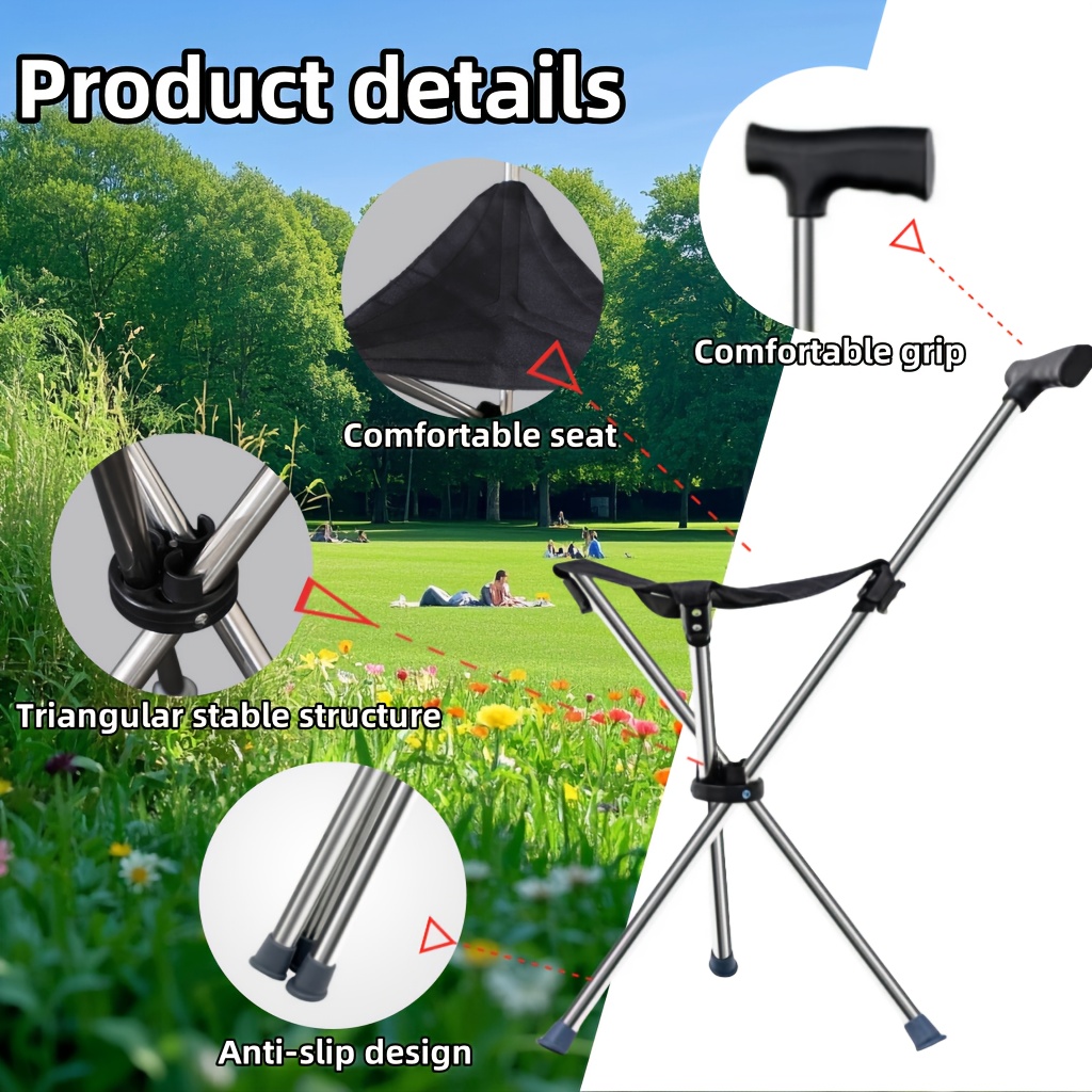 2-in-1 Folding Cane and Chair Foldable Travel Cane, Suitable for Hiking, Camping, Outdoor Activities
