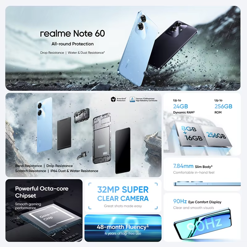 [Op voorraad] realme Note 60 smartphone 32 MP camera 6,74 '' 90 Hz display 5000 mAh batterij 128 GB IP64 Krachtige Octa-core chipset