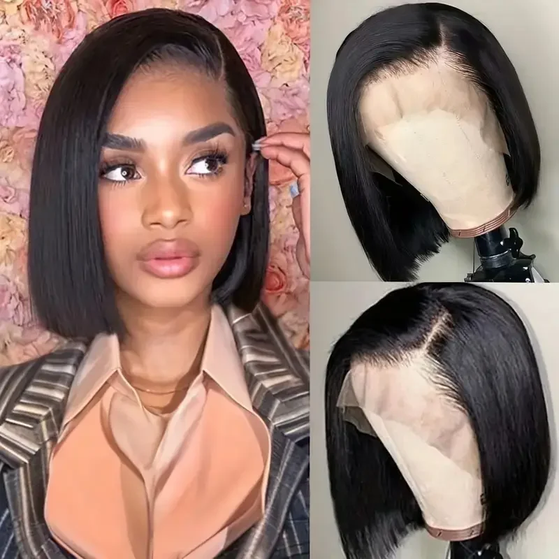 Bob peruca de cabelo humano peruca dianteira do laço cabelo humano 100% transparente 13x6 13x4 osso em linha reta laço frontal bob perucas 14 Polegada preto natural