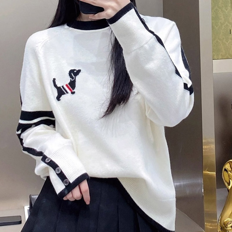 Ropa de mujer, jerséis con cuello redondo que combinan con todo con bordado de cachorros, moda de otoño e invierno, suéteres de punto holgados de manga larga, Tops elegantes y dulces