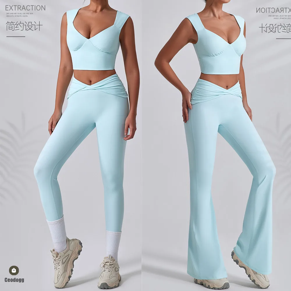 2PCS Women Yoga Set Workout Pant Outfits Fitness Sportswear Gym Tracksuit High Waist Flare Leggings Sports Bra Athletic Wear