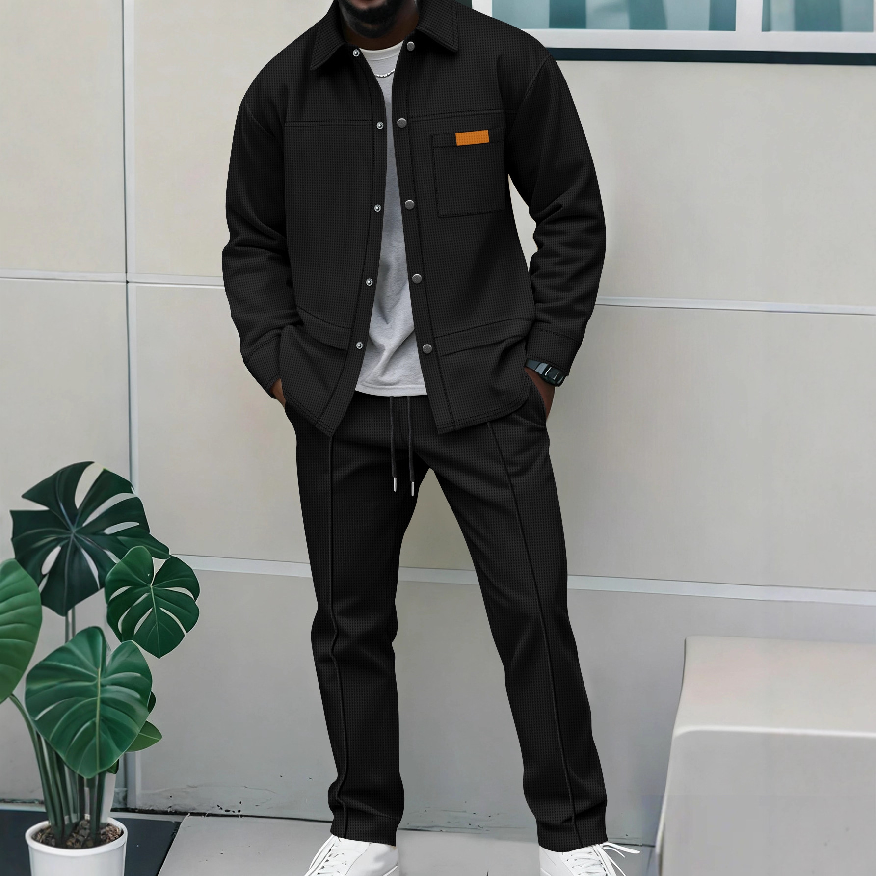 Primavera e outono masculino de alta qualidade waffle cor pura conjunto de jaqueta de bolso - uma roupa elegante e casual de duas peças