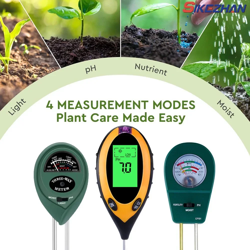 3/4/ in 1 Soil PH Meter เครื่องทดสอบดินดอกไม้เมตรเครื่องวัดความชื้นอุณหภูมิแสงแดดการวิเคราะห์ความเข้มความเป็นกรดสวนเครื่องมือ