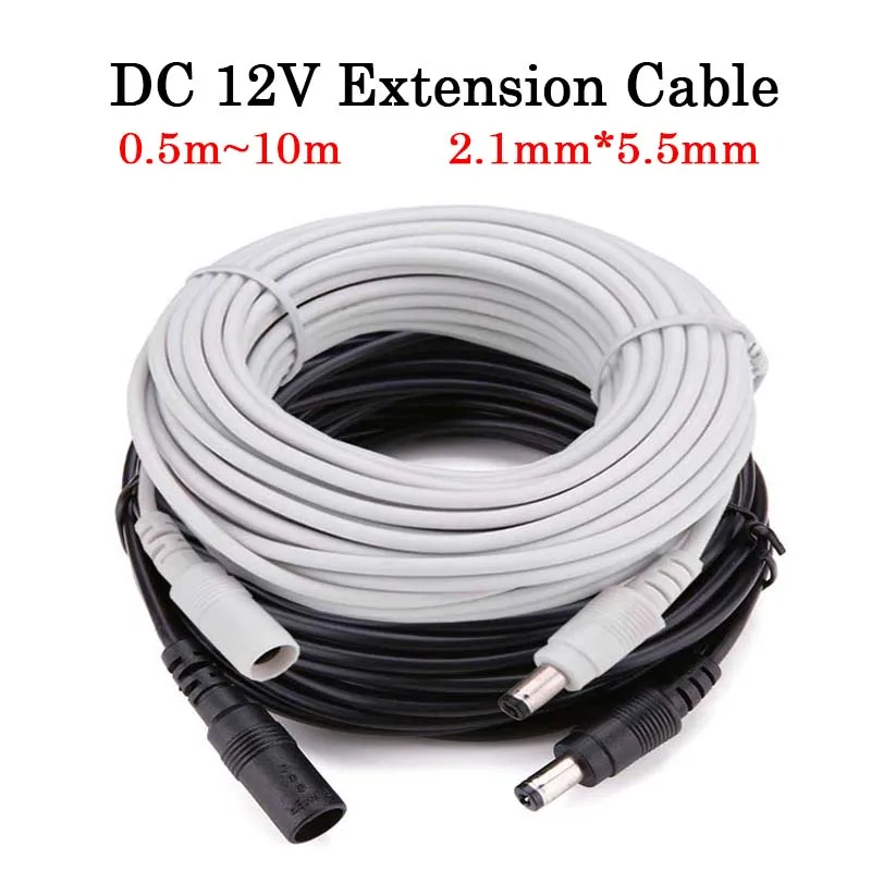 DC 12V Extension Power Cable 2.1mm*5.5mm Male To Female Connect Wire White Black 0.5m 1m 2m 3m 5m 10m For LED Light CCTV Camera