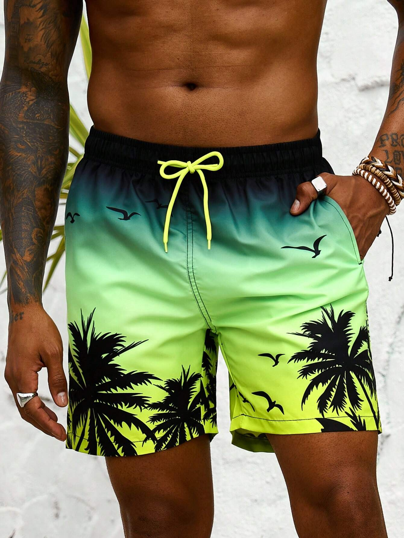 Short de bain respirant avec imprimé palmier pour hommes, short de planche à la taille, maillot de bain à la mode, impression 3D, vacances d'été, proximité, wstring, streetwear