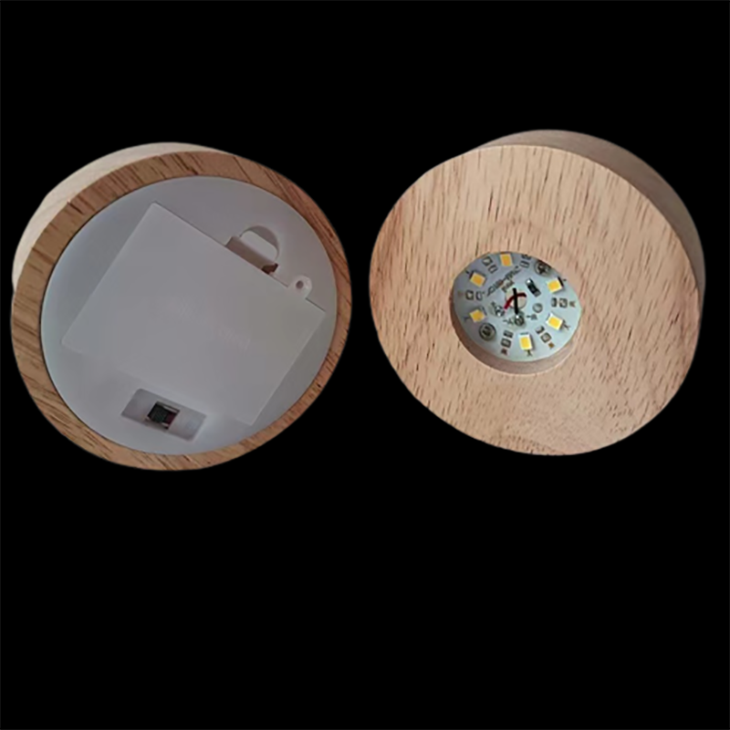 Base de exhibición de luz LED redonda de madera con batería de 8cm, soporte de mesa 3D, Base de lámpara de noche, adornos artísticos de resina de cristal