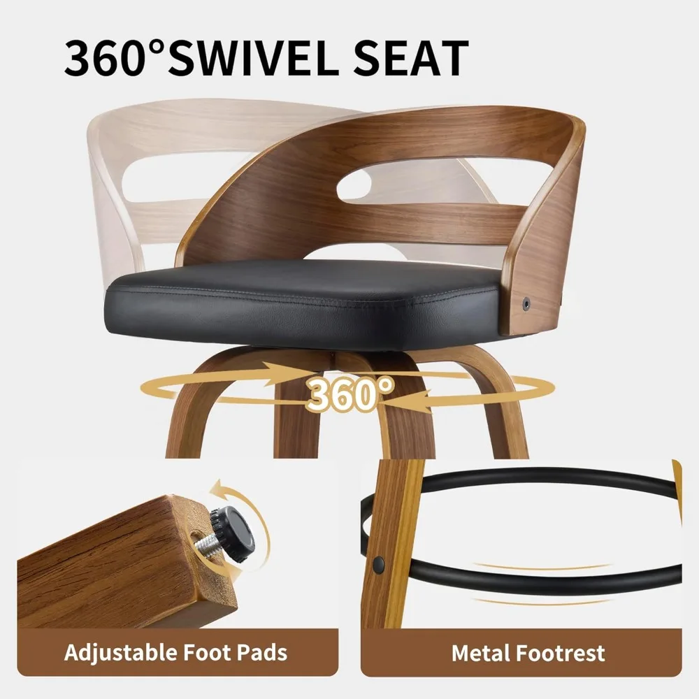 Swivel Bar Stools,Counter Height Chairs with Walnut Wood Frame Leather, Low Back, Footrest & Easy-Clean Design for Kitchen, Bar