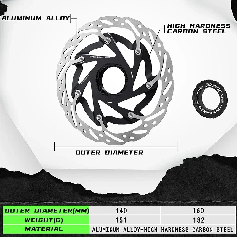 Rotor Centerlock BUCKLOS 140/160mm dengan Pengunci, Rotor Cakram Rem MTB Floating, Pembuangan Panas, Cakram Rem Sepeda, 1/2PC Hidrolik