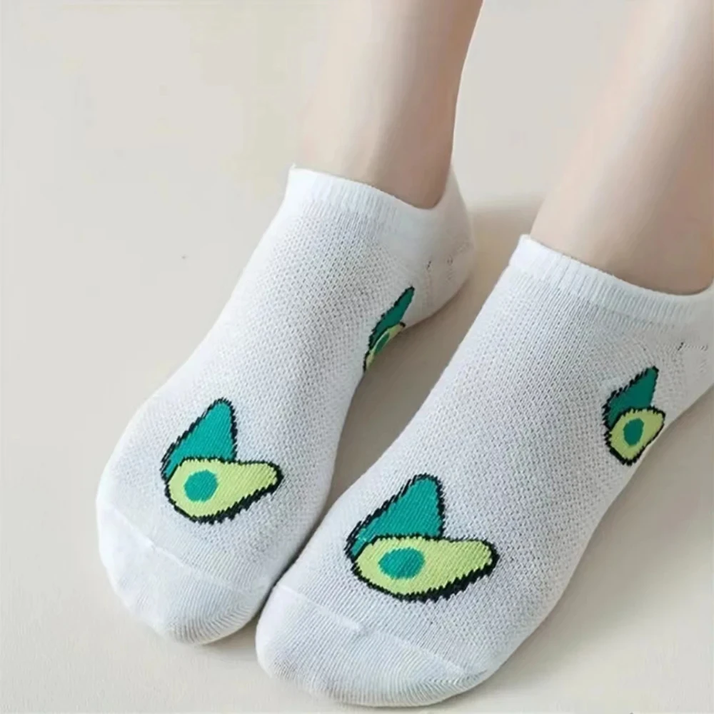 5 pares de calcetines tobilleros de aguacate con dibujos animados, moda fresca, transpirables, cómodos Kawaii para verano y otoño, calcetines náuticos de corte bajo para mujer