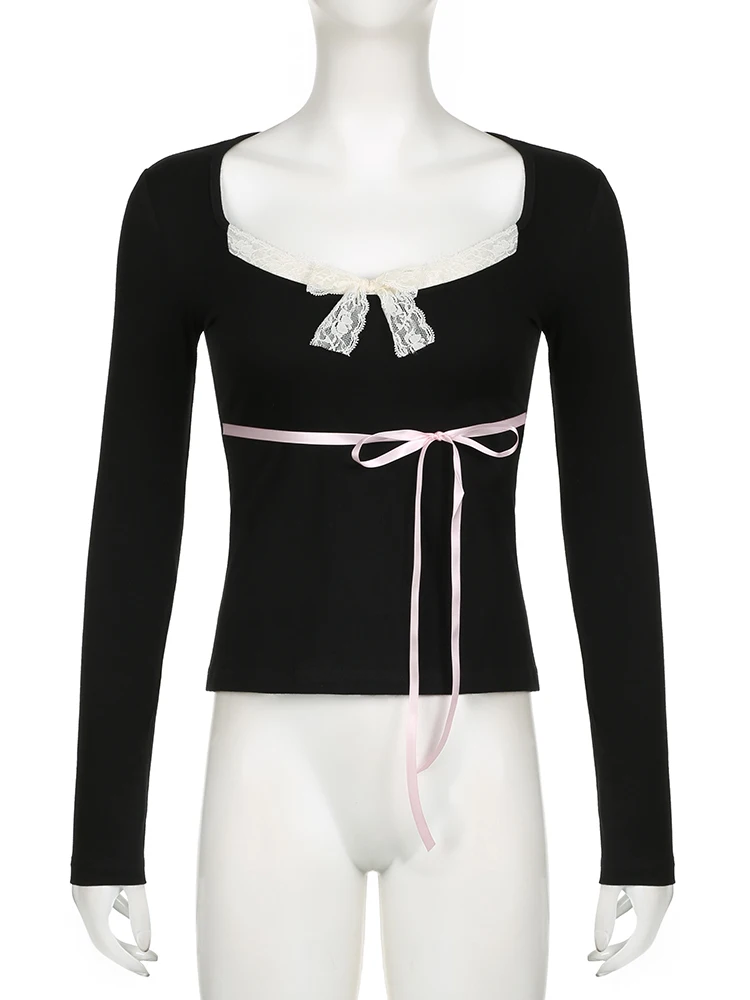 IAMSURE 甘いかわいい包帯 Tシャツスリムディープ V ネックレーストリム長袖 Tシャツ女性 2023 秋春のファッションストリート女性