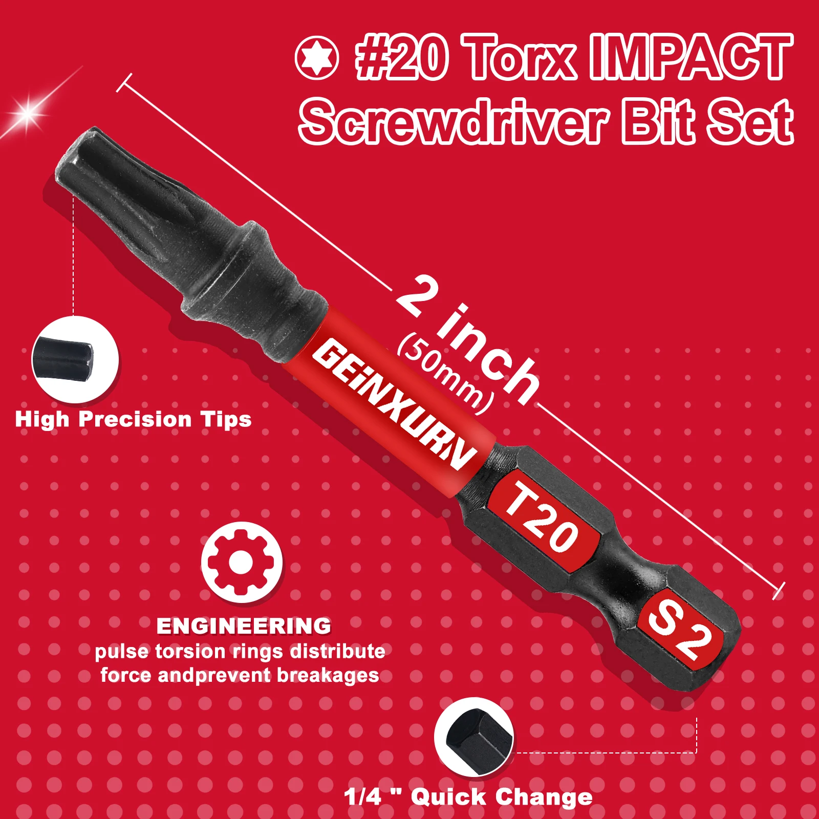 Geinxurn Set di punte per cacciavite Torx T7-T40 da 2 pollici, punta a stella in acciaio legato S2 magnetico resistente agli urti con base