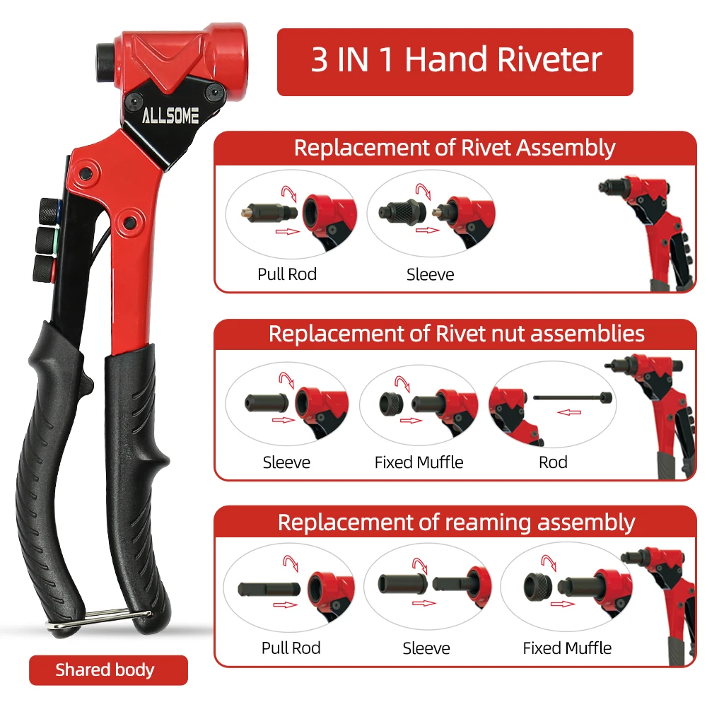 ALLSOME Single Universal 3 in 1 Multi Function Rivet gun with Nut rivet Hand rivet Reamer Tool