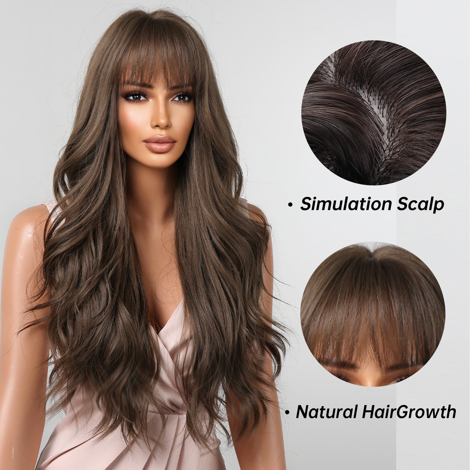 Parrucche ondulate marroni per donne con frangia Parrucca lunga per capelli sintetici naturali Cosplay quotidiana resistente al calore
