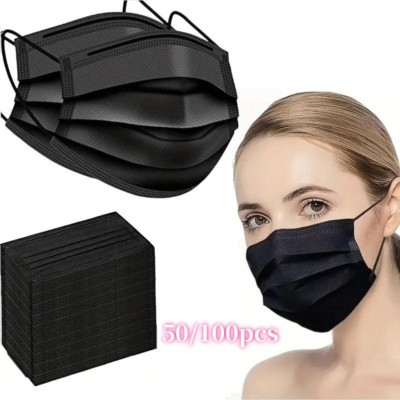 Máscaras faciais descartáveis pretas, 100 peças, 3 camadas, respiráveis, antipoeira, protetoras, para uso diário, viagens, trabalho, acessório de cuidados faciais
