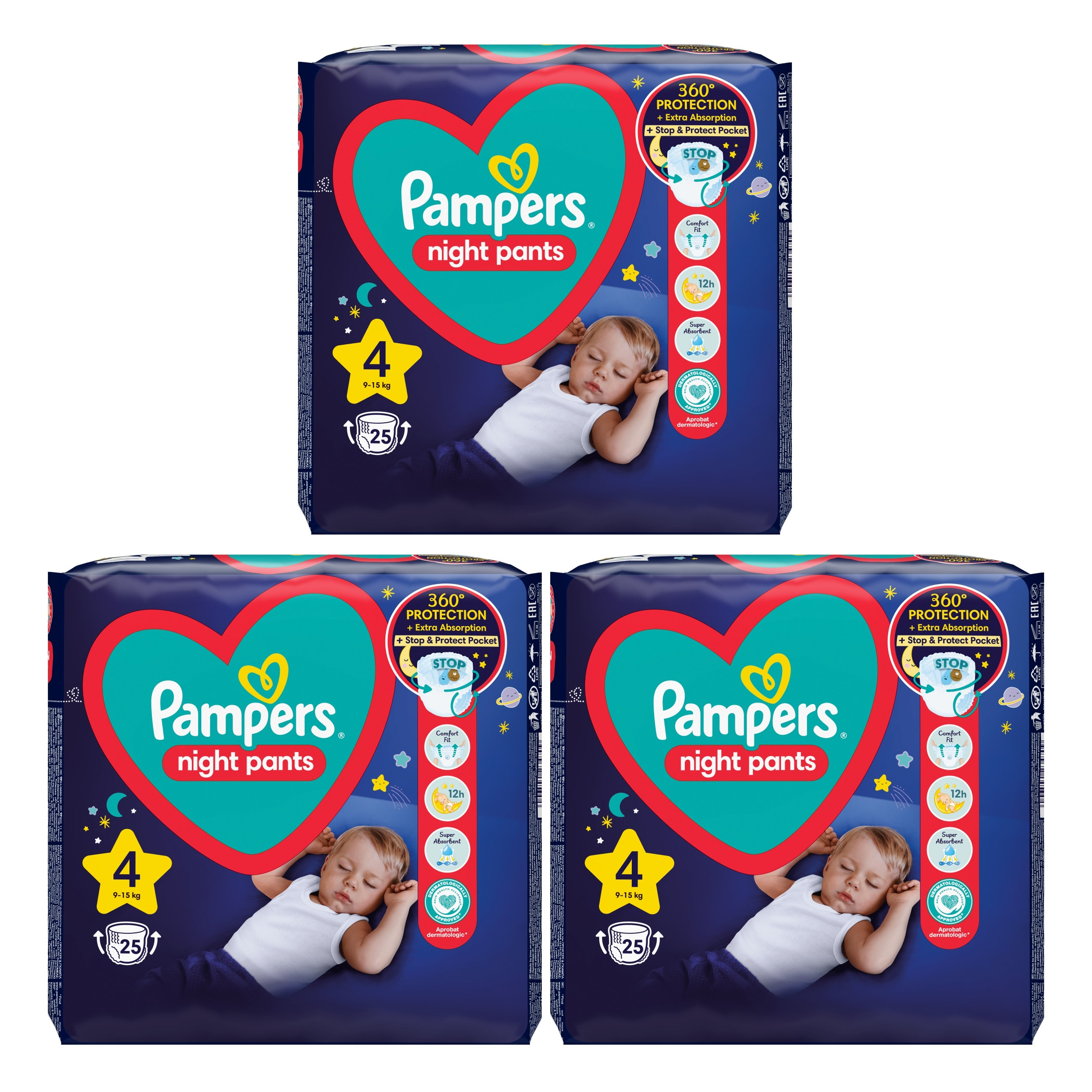 3x Pieluchomajtki PAMPERS Night Pants rozmiar 4 (9-15 kg) 25szt