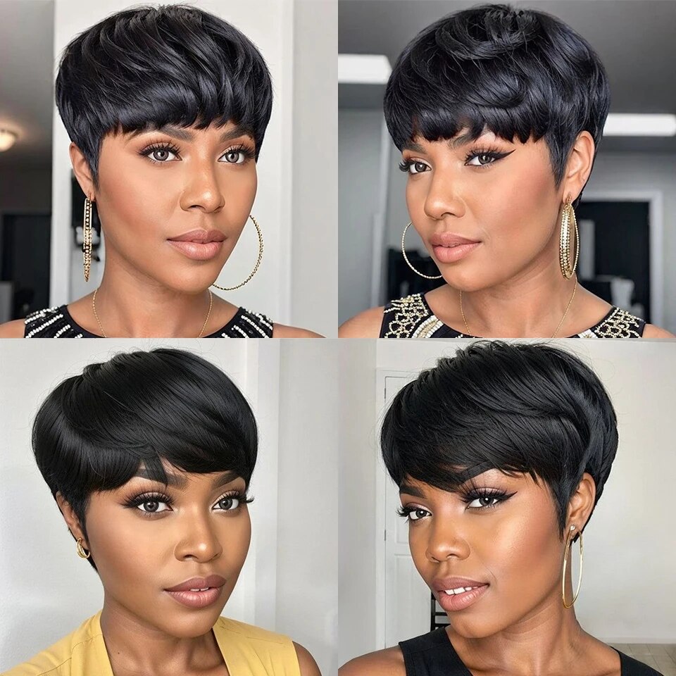 Cabelo humano brasileiro em linha reta pixie bob peruca curta com franja cabelo remy máquina completa feita para preto feminino acessível usar para ir