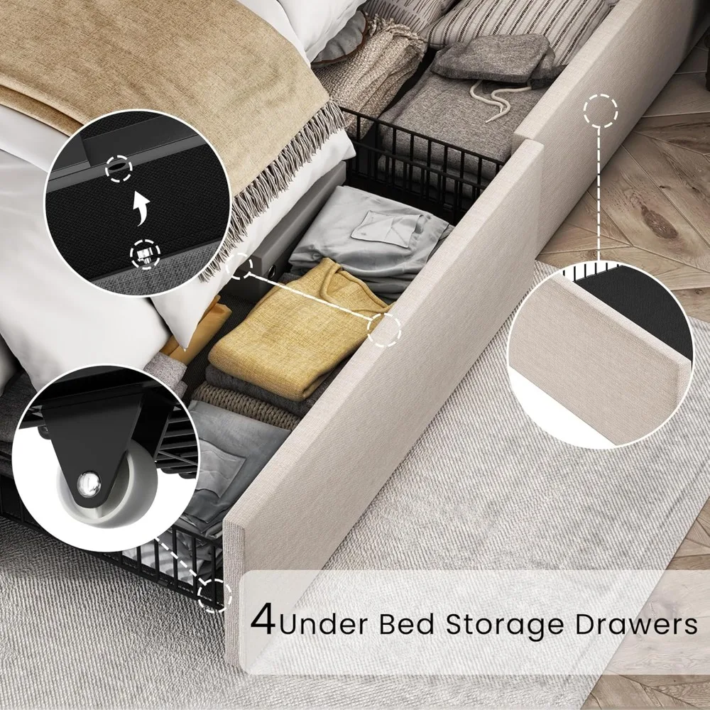 King Size Bed Frame with 4 Storage Drawers and Tufted Headboard Linen Upholstered Platform Bed Frame Wingback Beds with