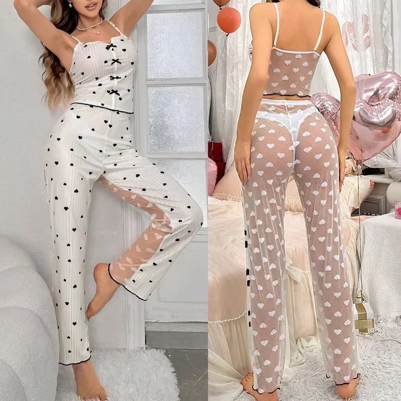 Conjunto de renda de malha transparente sexy feminino de 2 peças com alça impressa com nervuras top e calças roupas para casa conjunto de pijama