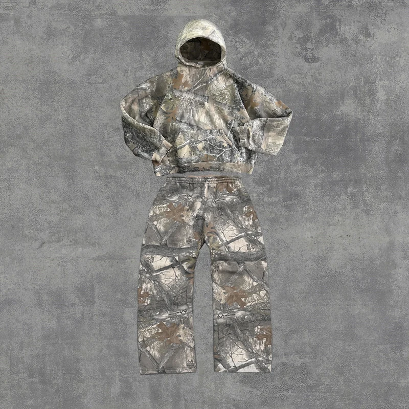 2-teilige Oberbekleidung Co-ords Y2K Retro Camo Herren Reißverschluss Hoodie Camouflage Muster Streetwear Hip Hop Unisex Übergroße Sweatshirt-Sets