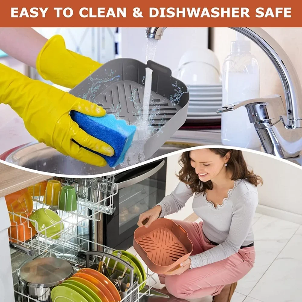 Revestimiento de freidora de aire de silicona de 21CM, cesta cuadrada reutilizable, bandeja para ollas, resistente al calor, para hornear alimentos, accesorios para horno