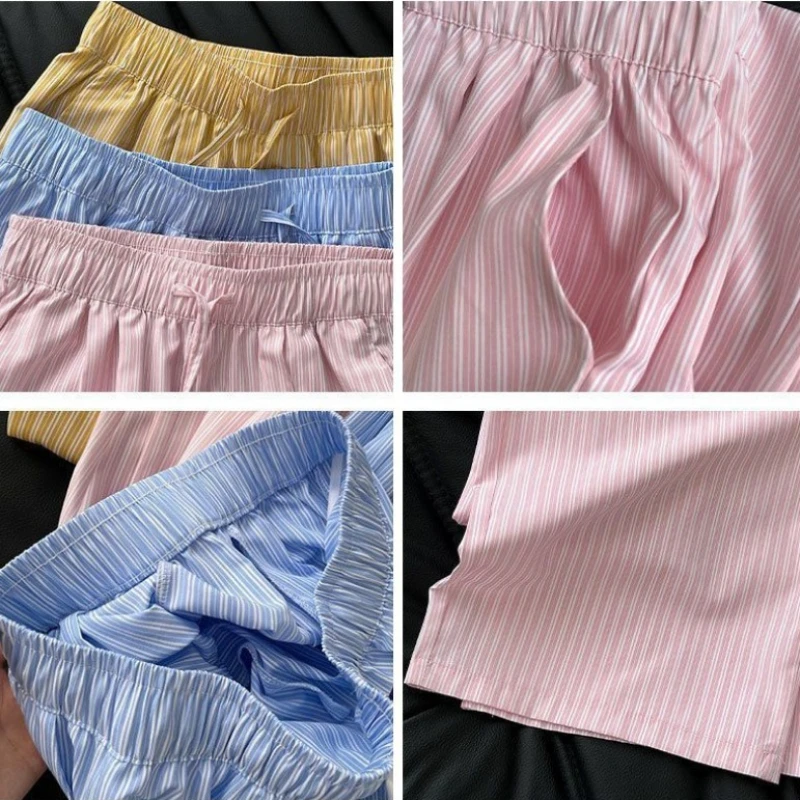 Calças de comprimento total femininas listradas bolsos cordão cintura alta em linha reta solta verão respirável resistente ao desgaste ulzzang ol casual