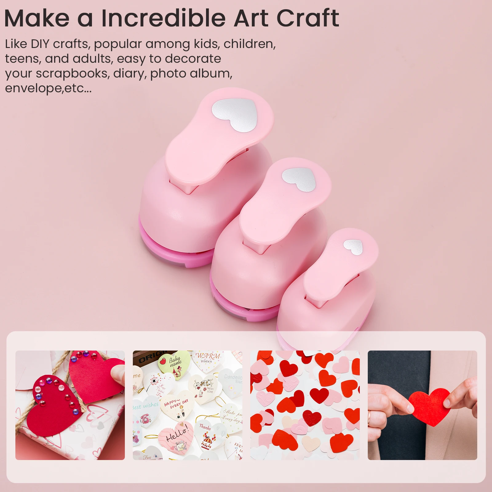 スクラップブッキング用ハートホールパンチセット、カードメイキング、DIYフォトデイリー、ギフトタグ、3個、3/8インチ、5/8インチ、1インチ