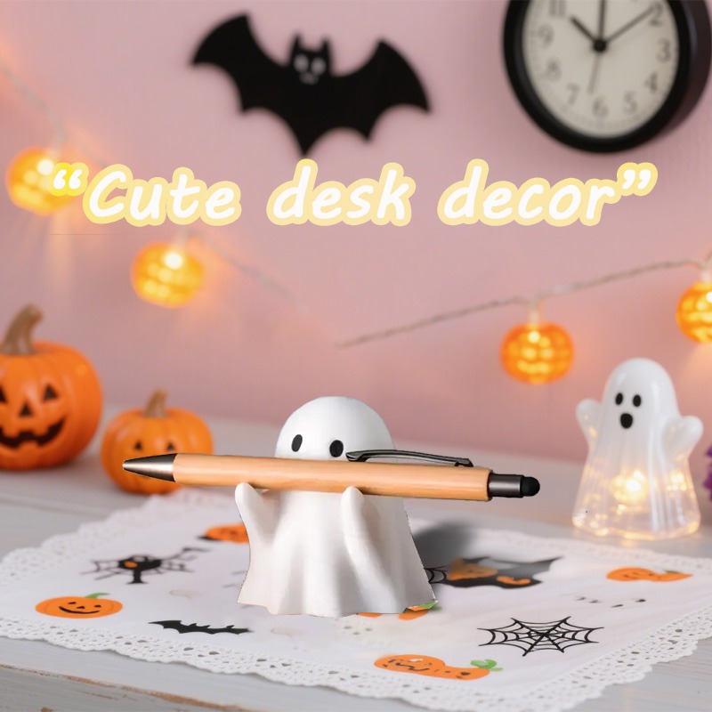 Cute Halloween Ghost Pen Holder Little Ghost Statue Design Pencil Support for Home Office Desktop Decoration