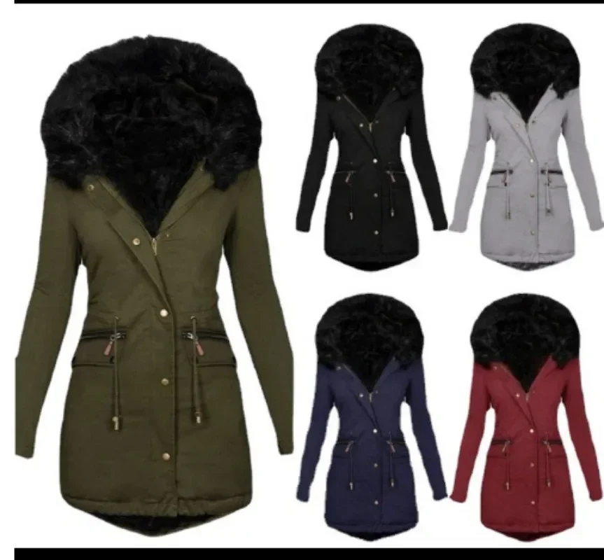 Nueva chaqueta ajustada y delgada para mujer, abrigo de algodón con cremallera cálida de longitud media con capucha y cuello de lana de Color sólido para mujer