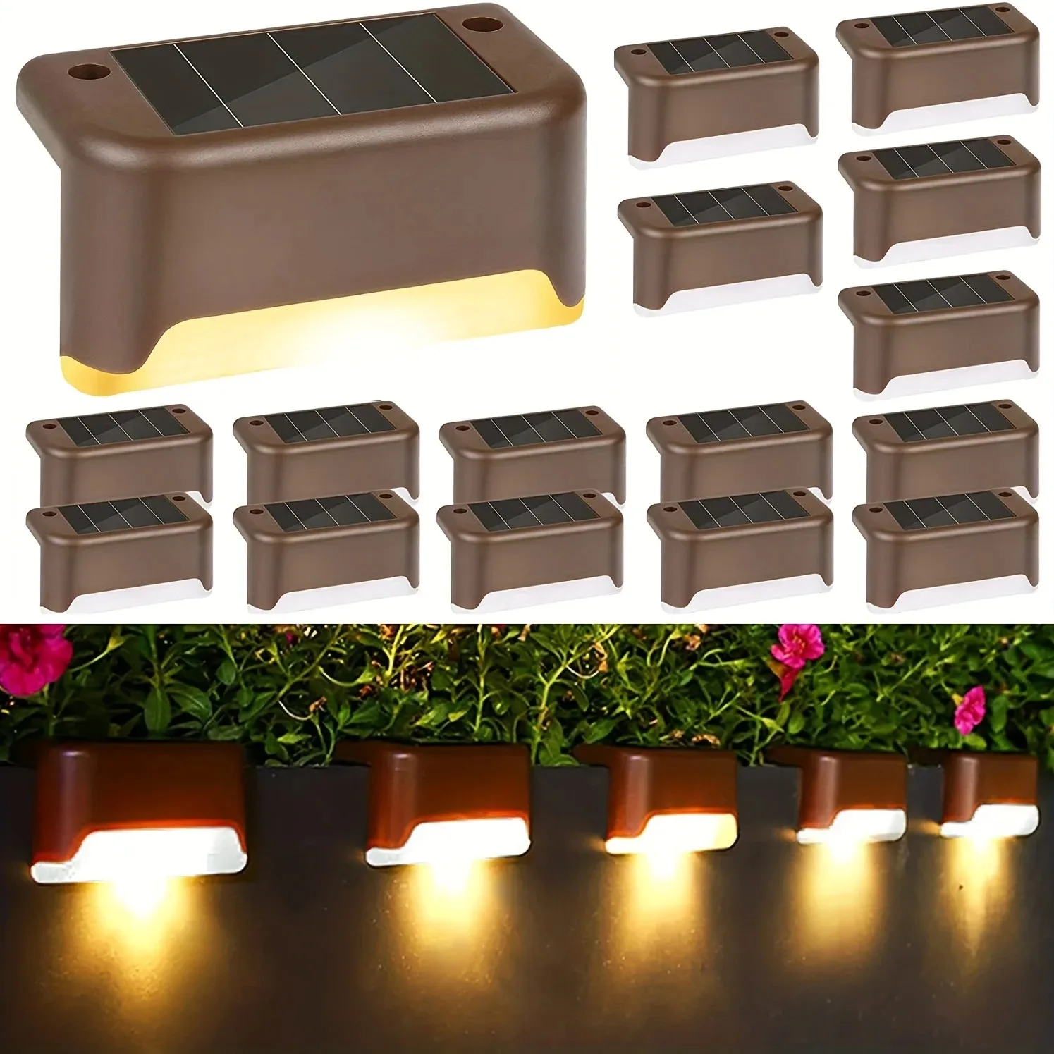 Zestaw 4/16 Lamp Solarnych Schodowych Zewnętrznych z Czujnikiem Ruchu, Wodoodporne Lampy Ścieżkowe Ogrodowe z Automatycznym Włączaniem/Wyłączaniem na Schody, Taras, Podwórko ﻿