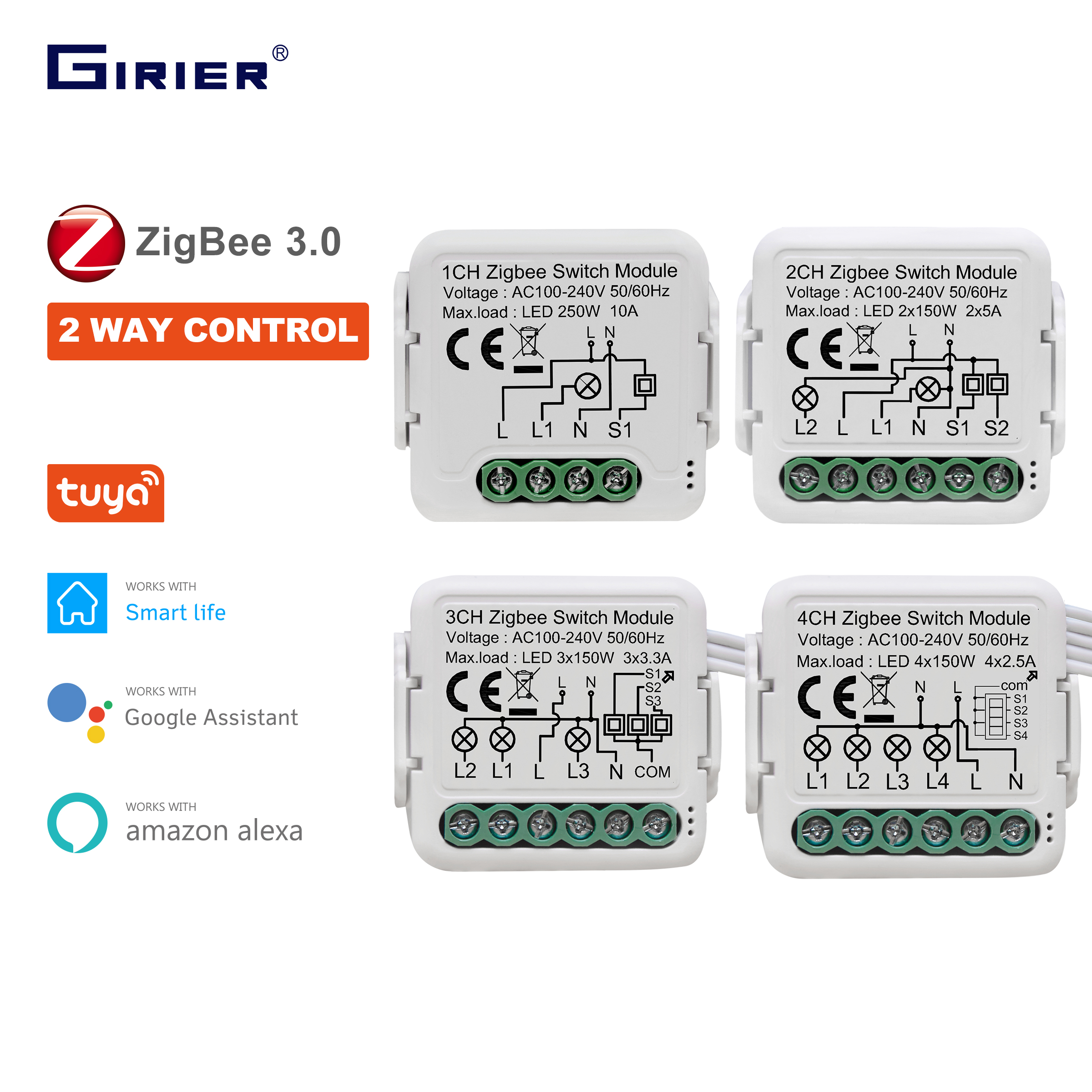 Модуль переключателя света GIRIER Tuya ZigBee 3.0, интеллектуальный выключатель DIY 1 2 3 4 группы поддерживает 2-стороннее управление, работает с Alexa Google Home