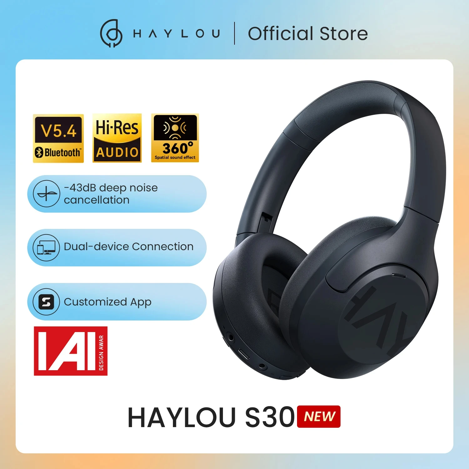 HAYLOU S30 Auriculares Inalámbricos Bluetooth 5.4 43dB Auriculares Adaptativos con Cancelación de Ruido 40mm Driver 80H Playtime Earphones