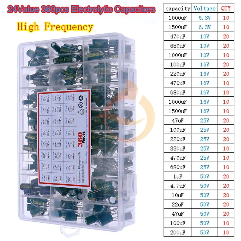 16V 25V 35V 50V 100V 400V 0,1uF-1500uF DIP SMD Conjunto de kit de sortimento de capacitores eletrolíticos
