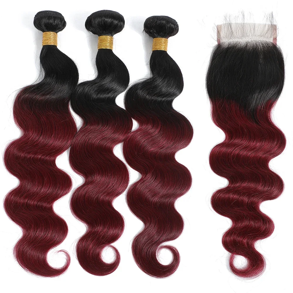1b99j onda do corpo pacotes com fechamento brasileiro tecer cabelo humano pacotes com 4x4 fechamento do laço extensão do cabelo 3/4 pacotes remy