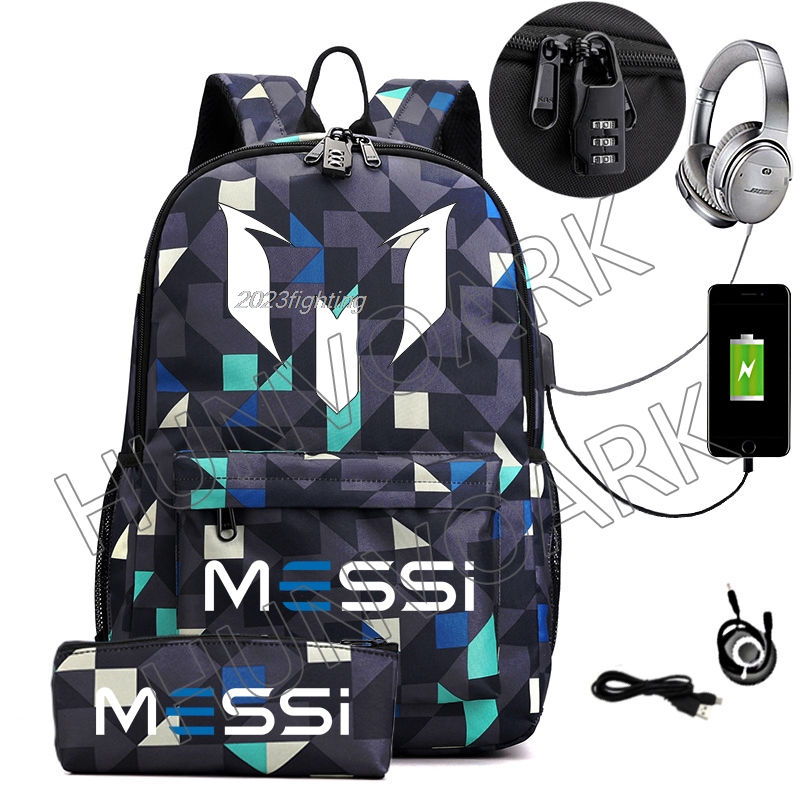 2 uds mochila Messi An-ti lock USB mujeres hombres capacidad adolescentes Mochilas escolares para ordenador portátil Casual estudiantes de secundaria Mochilas