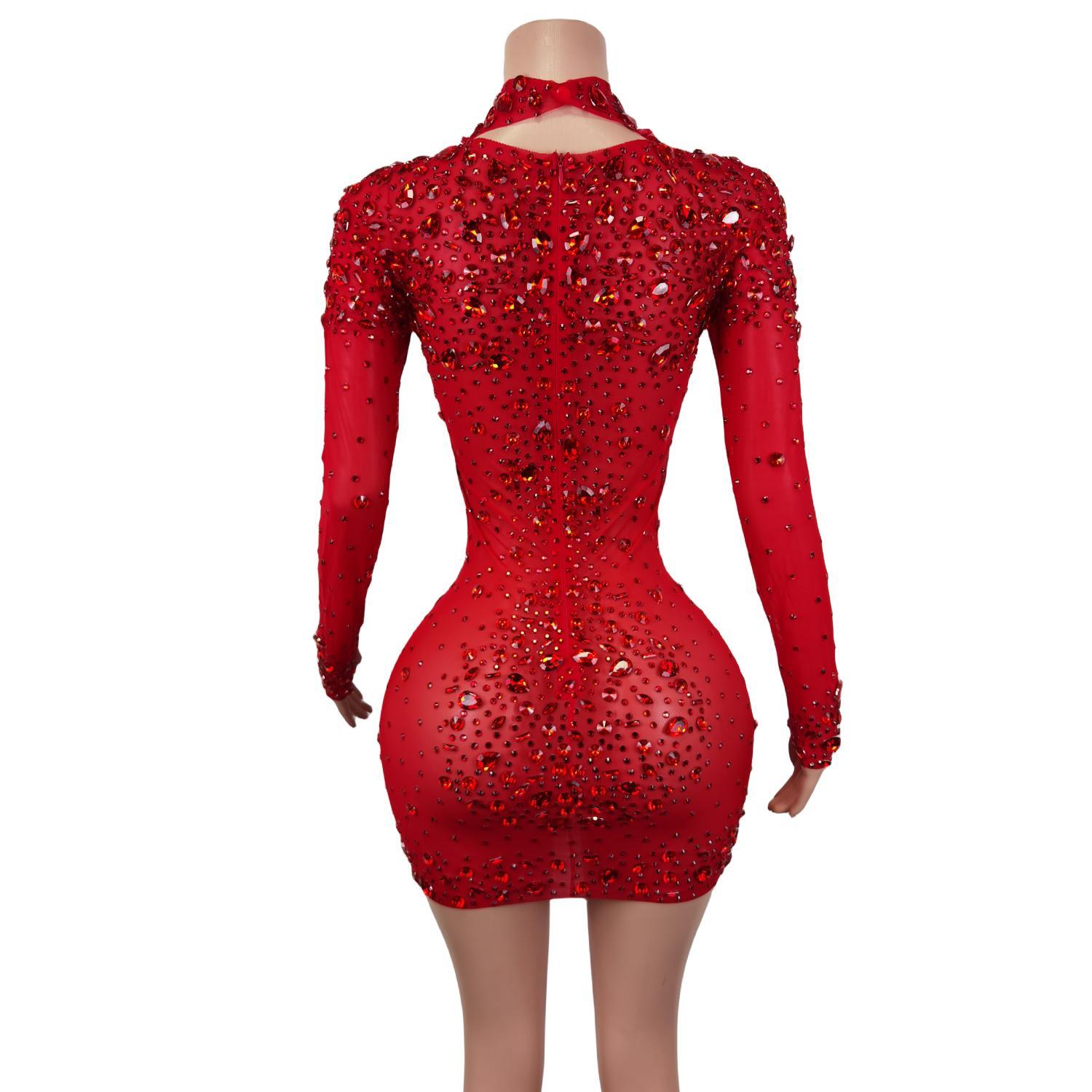 Vestidos de malha com strass para mulheres, traje de noite, vestido sexy para performance de palco, comemoração de aniversário vermelho