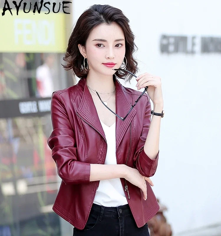 AYUNSUE Sheepskinของแท้หนังแจ็คเก็ตสตรีCropped Coatฤดูใบไม้ร่วงเสื้อผ้าผู้หญิงใหม่ในเสื้อSlim Fit Jaqueta Couro 2024