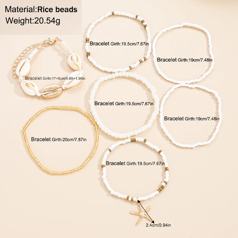 7pcs/set Bohemian Holiday Wind Shell Beaded Woven Bracelet Starfish Rice Beads Women's Bracelet Set Beach Party Seaside Holiday