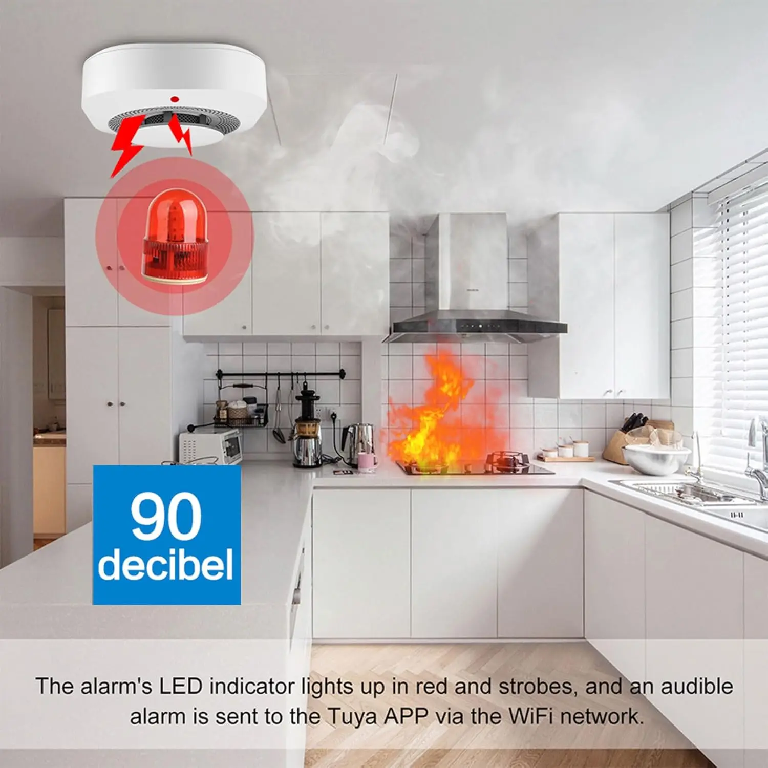 Allarme antincendio con rilevatore di fumo intelligente con batteria sostituibile, rilevatore di fumo Wi-Fi, notifiche di app in tempo reale