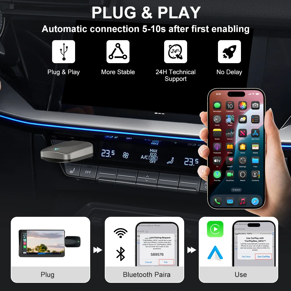 Nuevo adaptador inalámbrico inalámbrico CarPlay Android Auto Mini caja inteligente Plug and play conectar Universal para adaptador inalámbrico Nissan