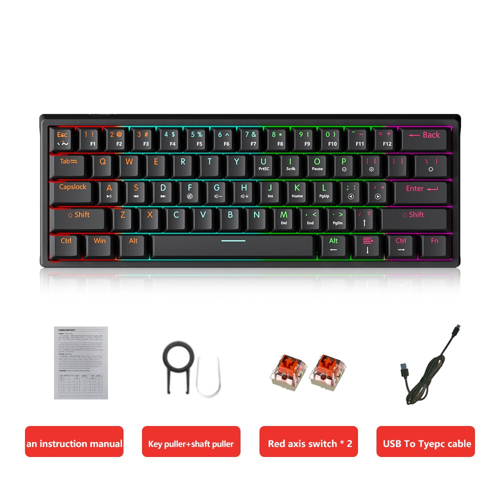 Mucai mk61 USBゲーミングメカニカルキーボード赤スイッチ61キー有線取り外し可能ケーブルrgbバックライトホットスワップ可能