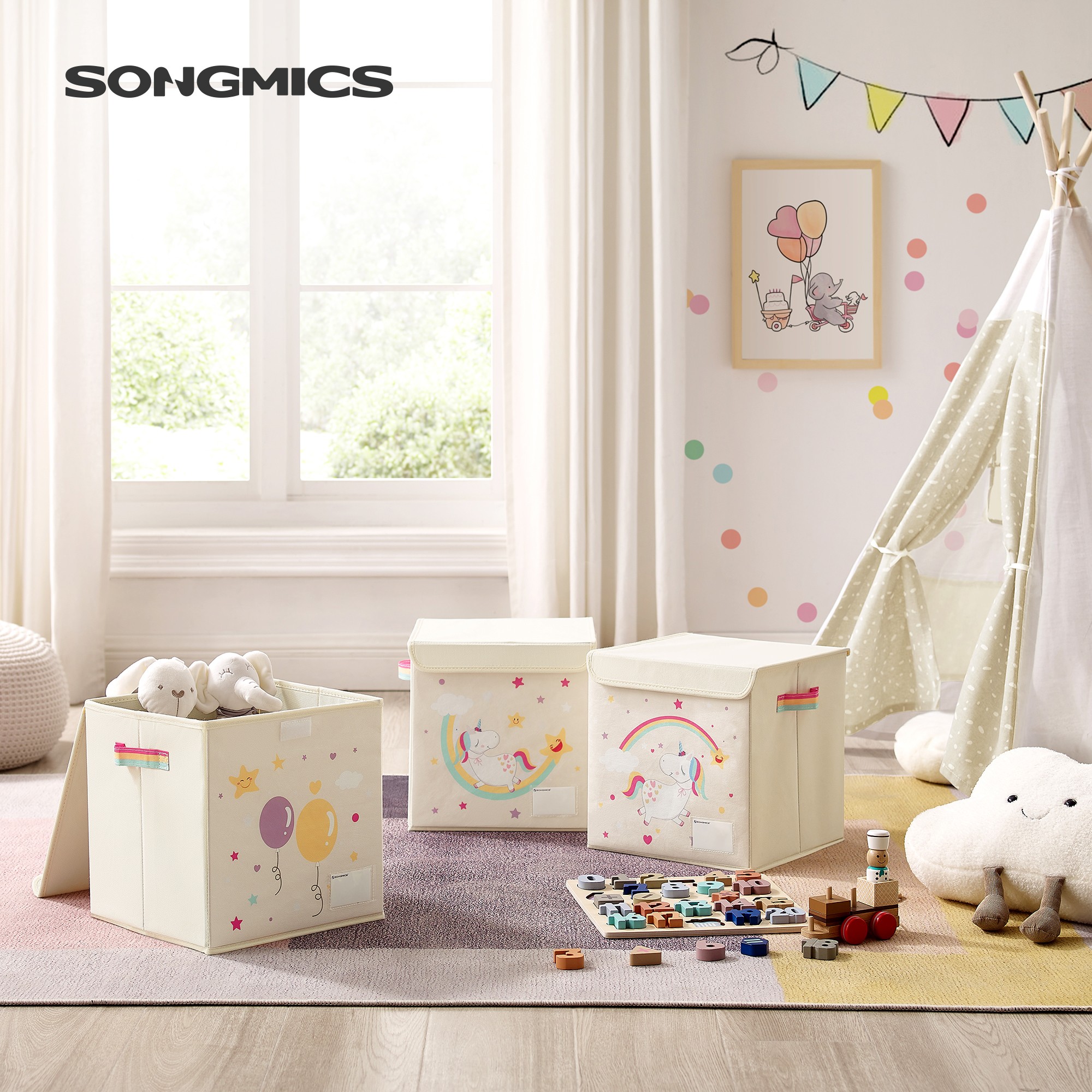 SONGMICS Juego de cajas de almacenamiento para niños: paquete de 3 con tapas. Organizador de juguetes, 30x30x30 cm. Cubos plegables para dormitorio, sala de juegos.