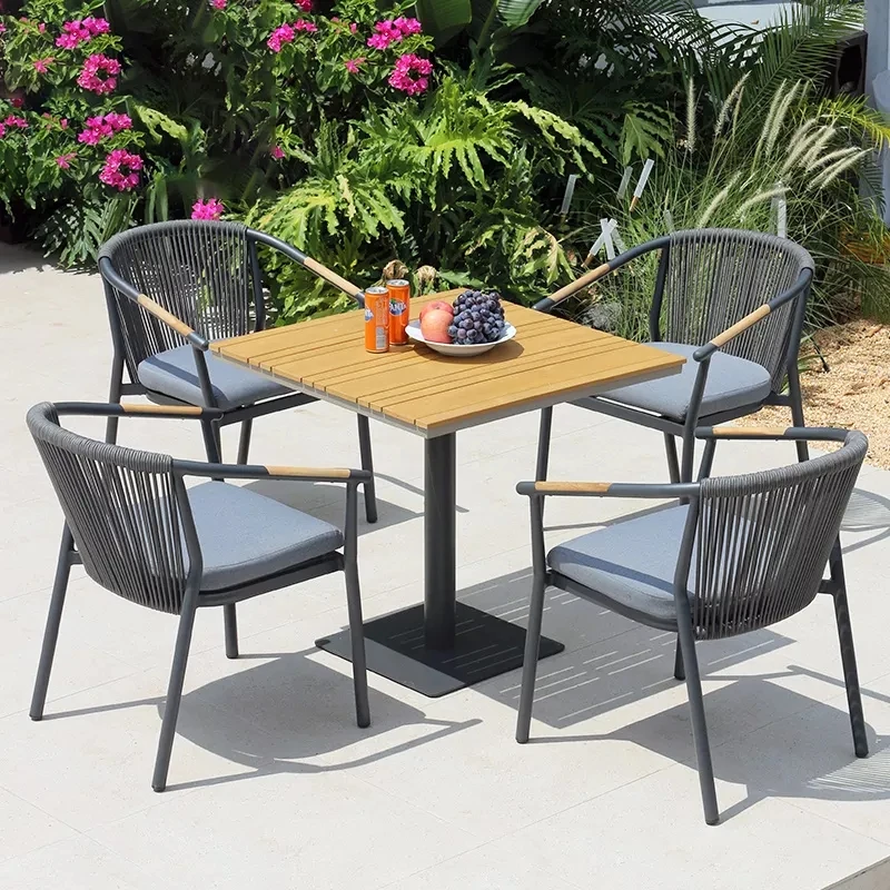 Silla de té y café de madera de teca de aluminio para exteriores, mesa, muebles, juego de comedor, jardín para cafetería al aire libre