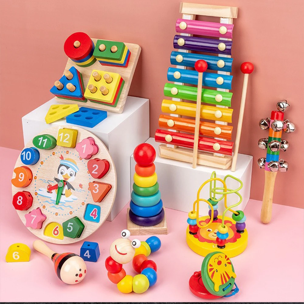 Giocattoli per bambini Montessori Set musicale in legno 9 in 1: Xilofono Sonaglio Tamburo Campana Puzzle 3D Regali di apprendimento sensoriale per 0-12 mesi 1-3