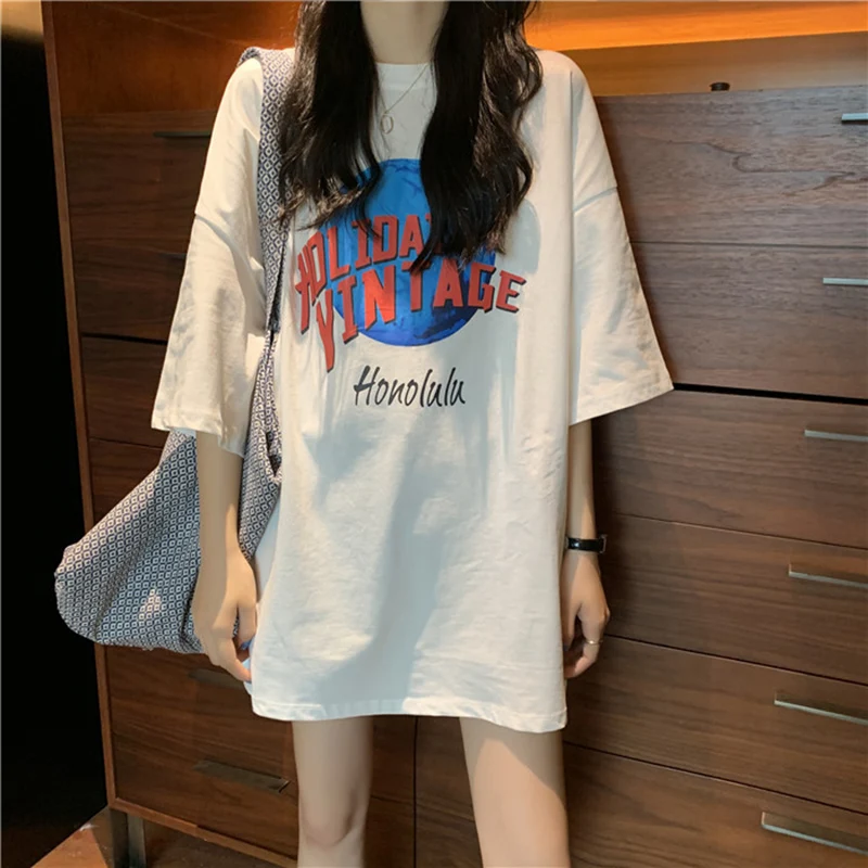 ルーズフィットプラスサイズコットン Tシャツ半袖レディースファッションカジュアルラウンドネックプリント韓国スタイル夏新着