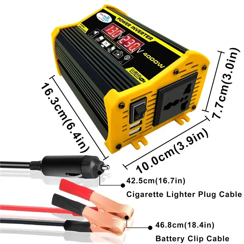 Inversor de corriente Universal de 4000W, convertidor de onda sinusoidal modificada de 12V a 110V y 220V, carga electrónica para exteriores con 2 USB de carga rápida