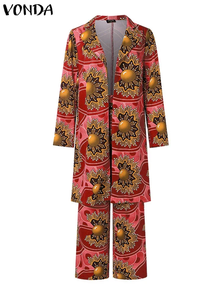 Plus Größe VONDA Frauen Sets Zwei Stück 2024 Urlaub Böhmischen Druck Elegante Langarm Outfits Mode Lässig Einfache 2 stück anzüge