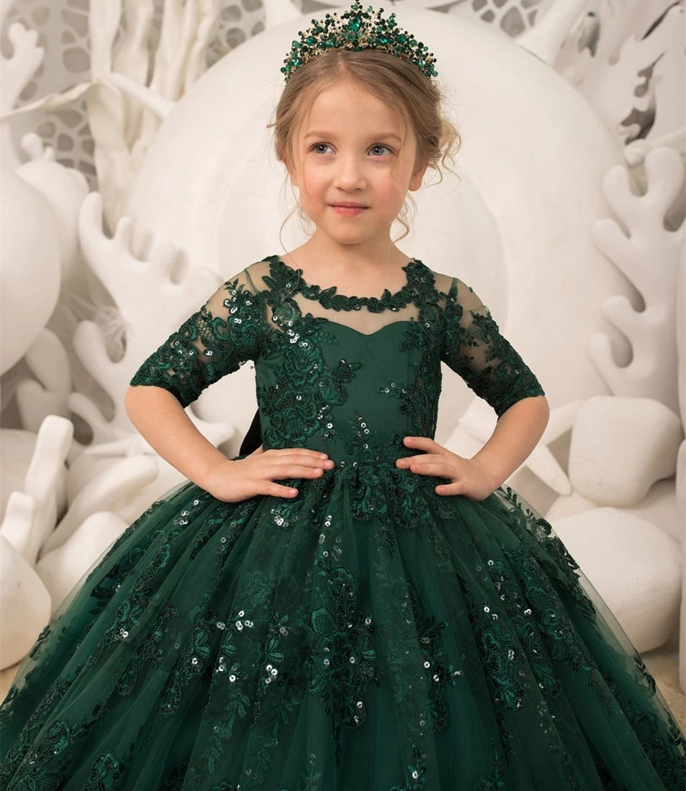 Smaragdgrüne lange Prinzessin Blumen mädchen Kleider Applikationen Bogen Tüll halbe Ärmel Hochzeits feier Ballkleid Geburtstag Festzug Robe