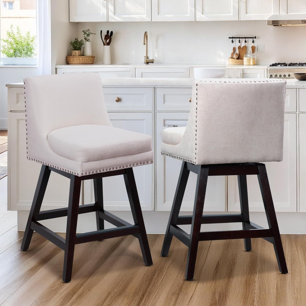 26 Inch Counter Height Bar Stools (Set of 2) - Modern Swivel Stools with Back, Oak Wood Legs for Kitchen Island