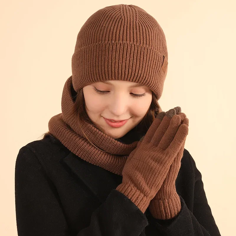 Wool Set Of Fall And Winter Warm Pullover Hat Knitted Hat Scarf Gloves Luxury Three-piece Fashion Versatile Hat
