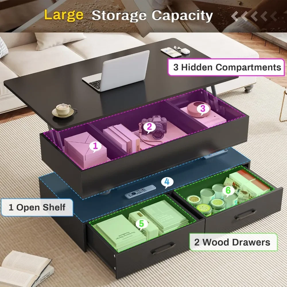 Mesa de centro elevatória de 40", mesas de centro com armazenamento para sala de estar, mesa de centro pequena com 2 gavetas